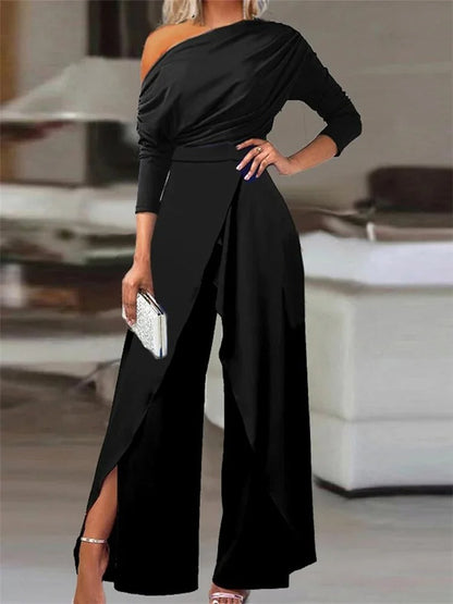 Women's One-Shoulder Jumpsuit - Draped Fit - Wide-Leg Elegant Evening Wear