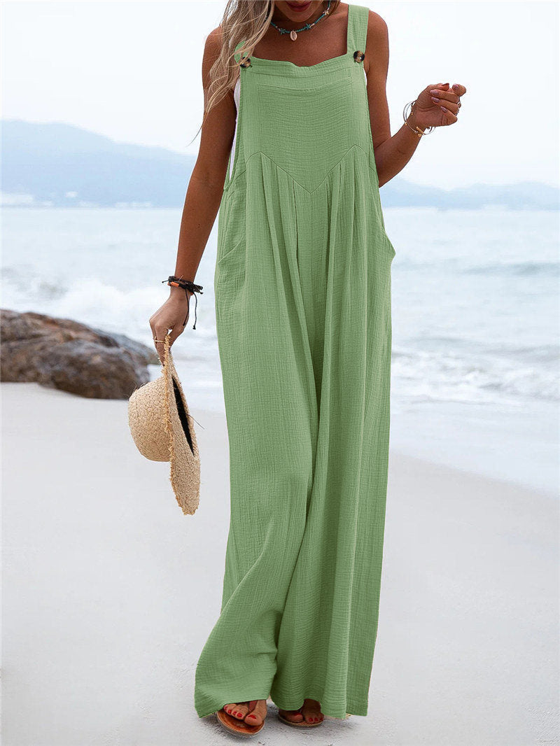 Women's Wide-Leg Jumpsuit - Breathable Fabric - Relaxed Fit - Button Straps & Pockets