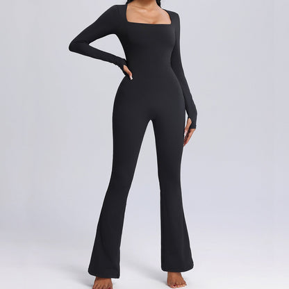 Women's Long-Sleeve Wide-Leg Jumpsuit - Breathable Yoga & Fitness Bodysuit