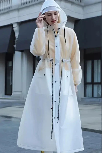Women's long raincoat with hood and pockets