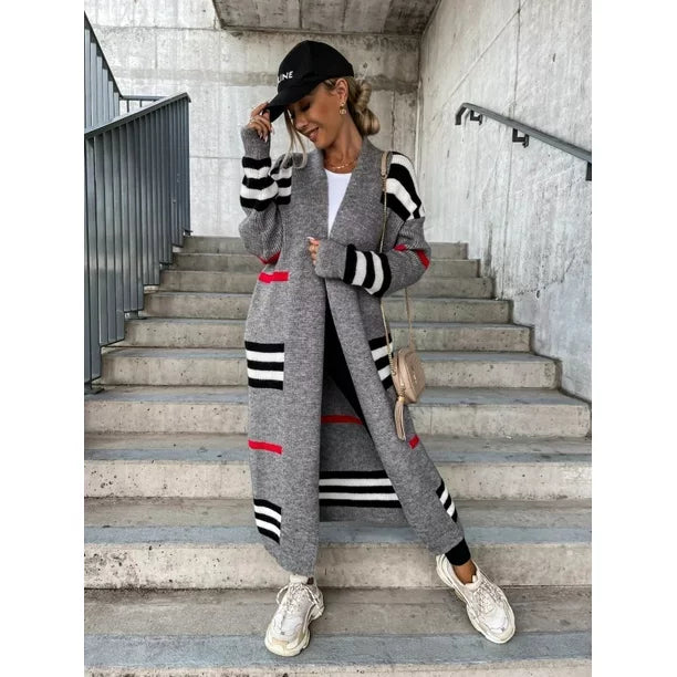 Women's striped loose long-sleeved knitted cardigan sweater jacket