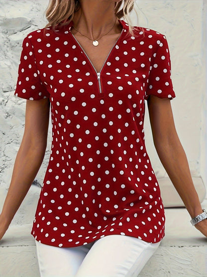 Women's Polka Dot Blouse - V-Neck with Zipper - Short Sleeve - Relaxed Fit