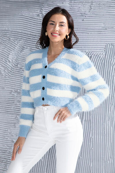 Striped Cropped Button-Up Cardigan
