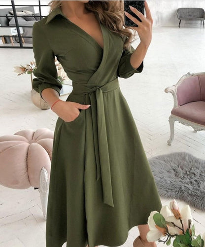 Women’s Wrap Dress - V-Neck - Fitted Waist with Tie - A-Line Silhouette - 3/4 Sleeve