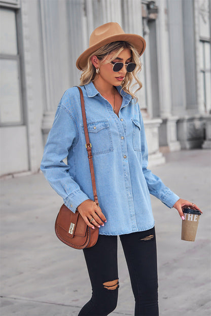 Women's Denim Shirt - Relaxed Fit - Button Down - Long Sleeve - Chest Pockets
