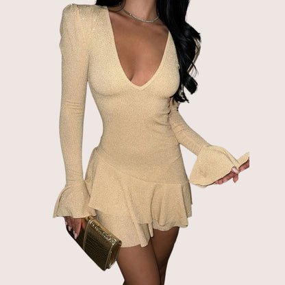 Women's Mini Dress - Deep V-Neck - Long Sleeve with Flared Cuffs - Fitted Silhouette