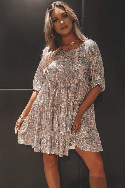 Women's Dress - Loose Fit - Tiered Skirt - Elbow Sleeve Casual Wear - Sequin Detail