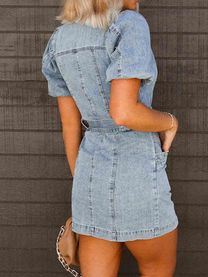 Women's Denim Dress - Puff Sleeve - Button Down - Collared Neck - Belted Waist