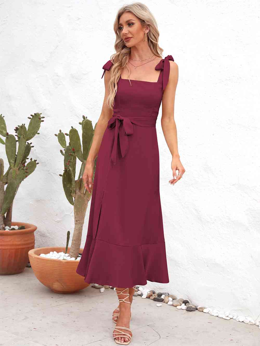 Dyor - square neck tie strap midi dress