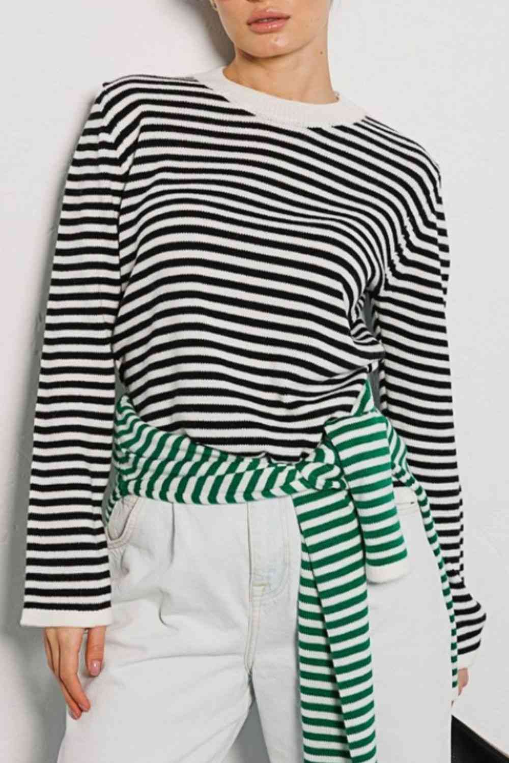 Women's striped round neck long sleeve sweater