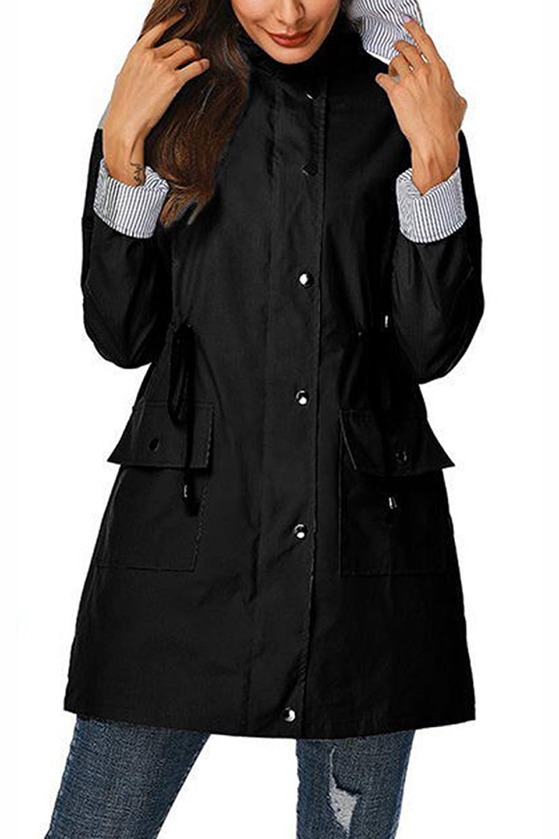 Hooded outdoor jacket for women with button closure