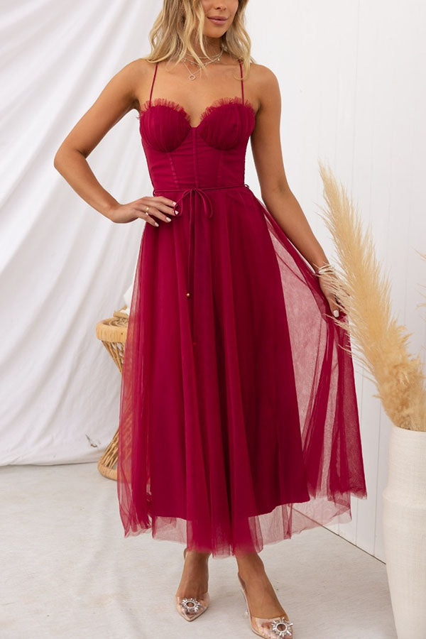 Women's Tulle Maxi Dress - Spaghetti Straps - Fitted Bodice - Layered Flowing Skirt