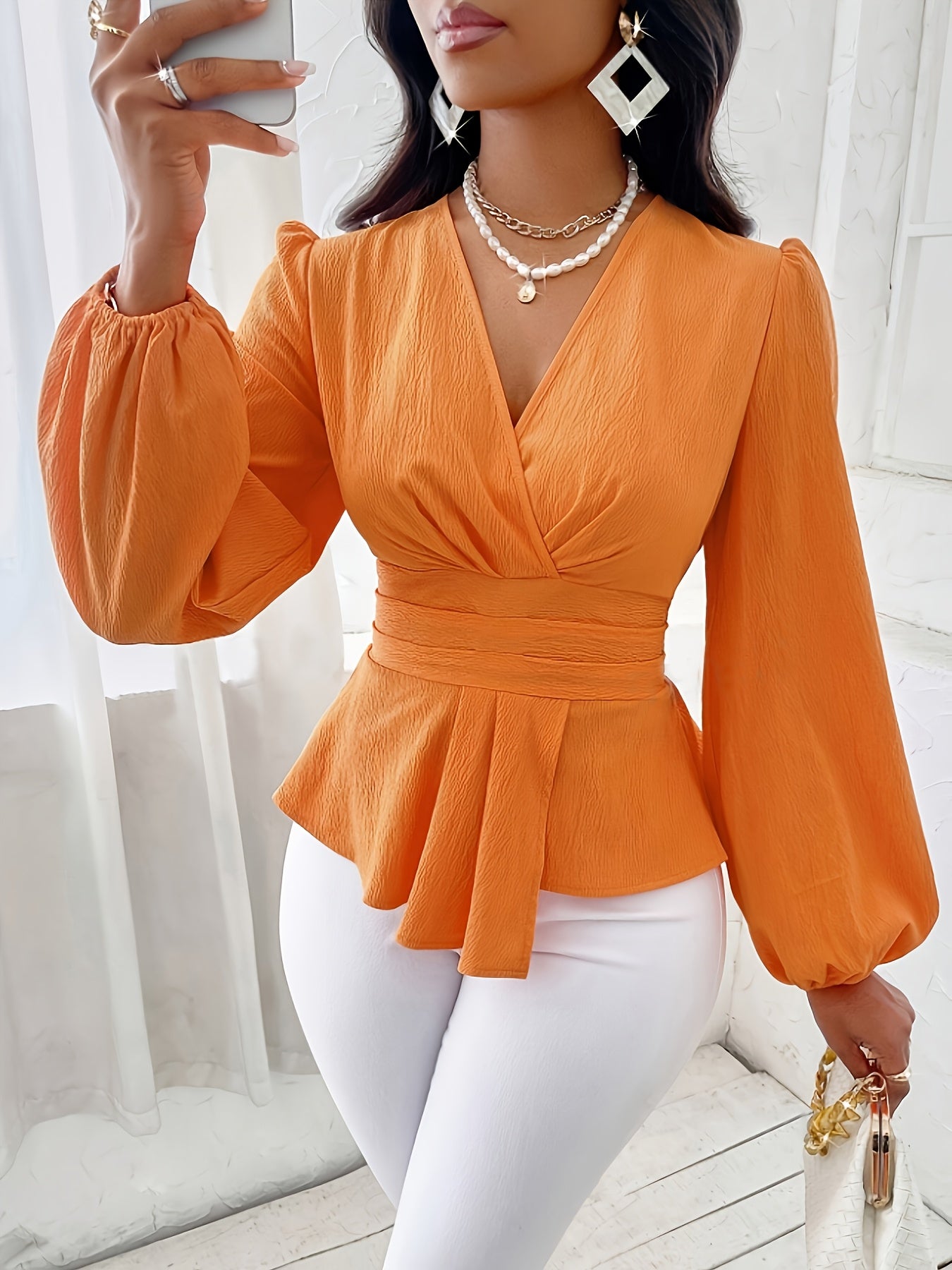 V-Neck Long-Sleeved Peplum Top