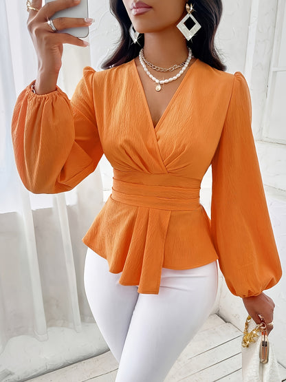 Orange v-neck long-sleeved peplum top for women