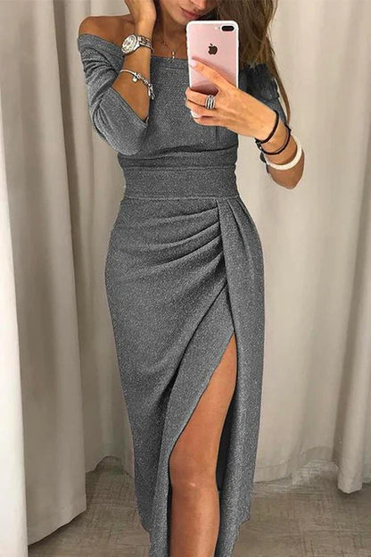 Women's Evening Dress - Off-Shoulder - Ruched Fit - High Slit - Shimmer Finish