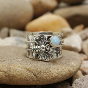 Unique bee gemstone meditation spinner ring