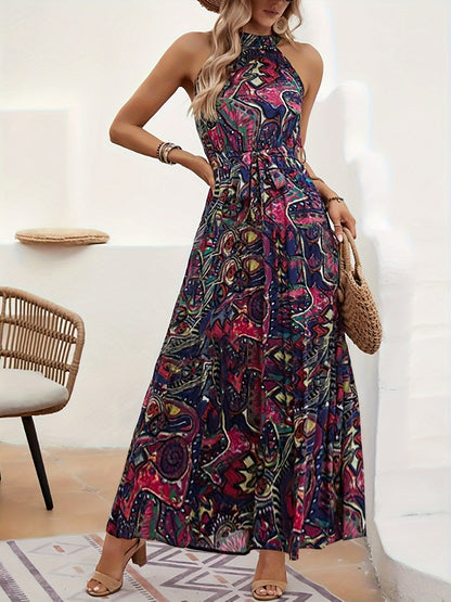 Halter-neck paisley print maxi dress with tie waist for women