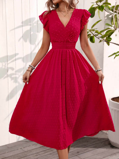 Women's Midi Dress - V-Neck Button Down - Flutter Sleeve - Shirred Waist - A-Line Flow