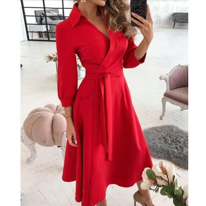 Women’s Wrap Dress - V-Neck - Fitted Waist with Tie - A-Line Silhouette - 3/4 Sleeve