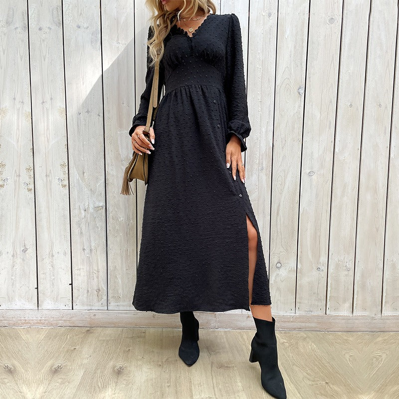Women's Midi Dress - Long Sleeve - V-Neck Empire Waist - Elegant Button Detail