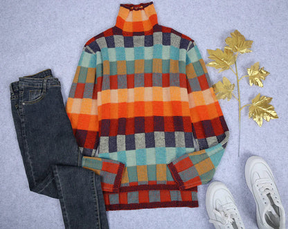 Women's colorful checkered high collar sweater
