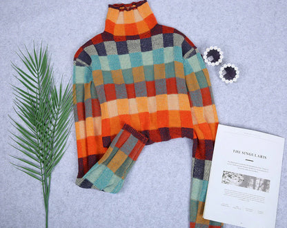 Women's colorful checkered high collar sweater