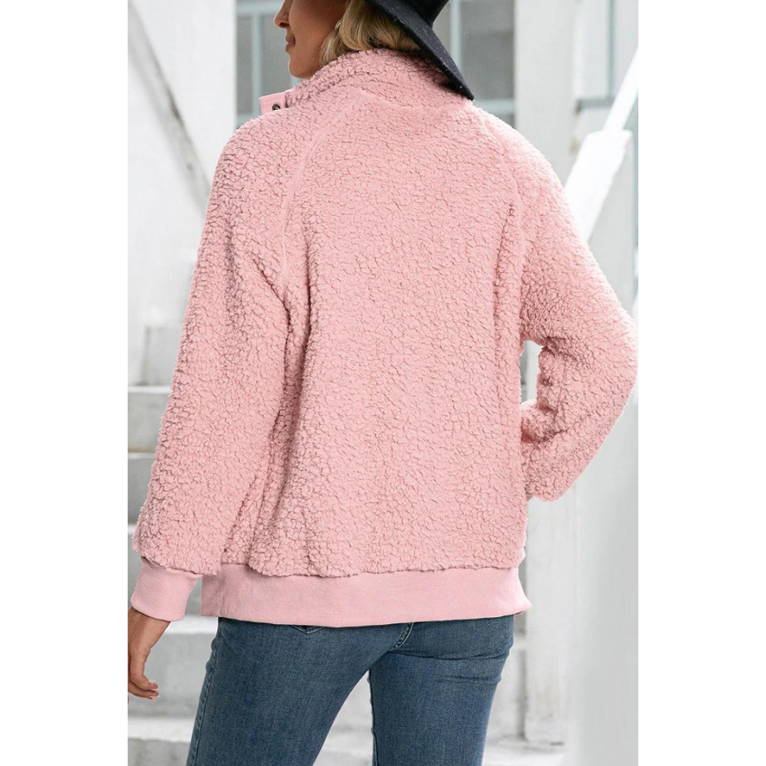 Women's stand collar button down fleece jacket