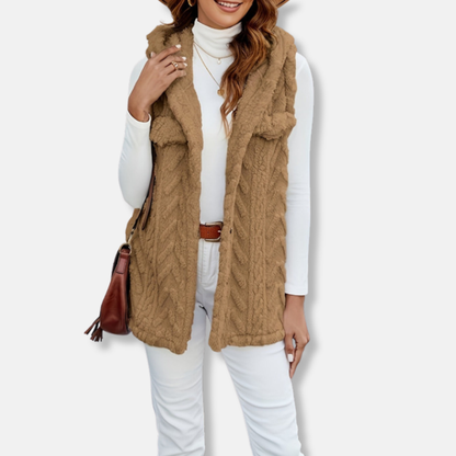 Women’s Hooded Vest – Fuzzy Knit – Relaxed Fit – Button Front – Casual Layering