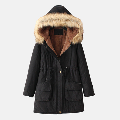 Women’s Hooded Parka Coat – Slim Regular Fit – Sherpa Lined – Faux Fur Hood – Drawstring Waist – Mid-Thigh Length