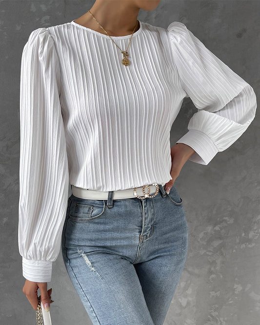 Pleated Balloon Sleeve Crew Neck Blouse