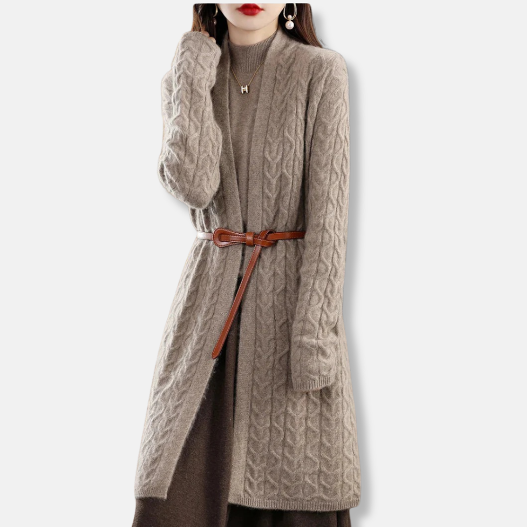 Women’s Long Cardigan – Cable Knit – Relaxed Fit – Ribbed Cuffs – Belted Waist