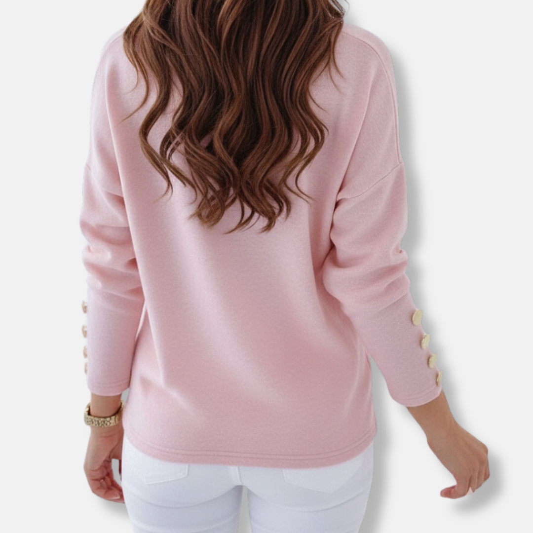 Amelia Relaxed Fit V-Neck Sweatshirt | Button Sleeve Detail Sweatshirt