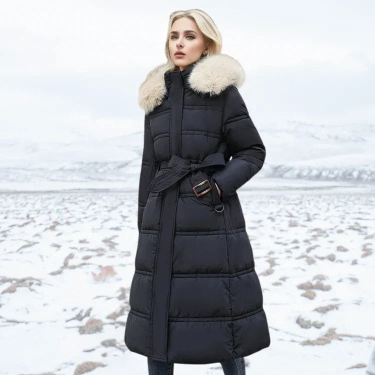 Women's slim fit over knee jacket with fur collar and belt