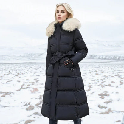Women's slim fit over knee jacket with fur collar and belt