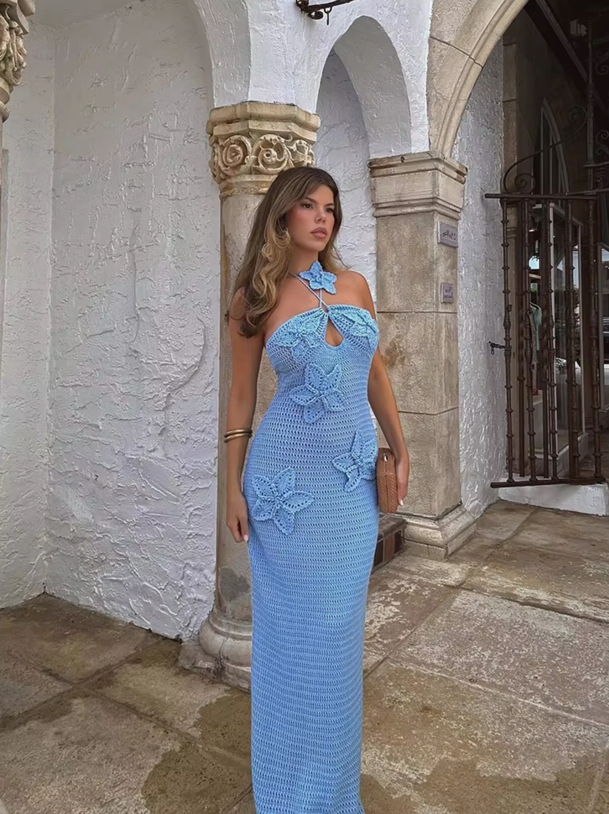 Women’s Crochet Maxi Dress – Strapless Floral Appliqué – Elegant Boho Open-Weave Design