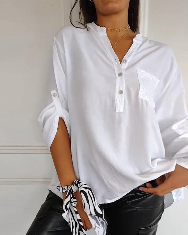 Women's Blouse - V-Neck Button Front - Sequin Detail - Rolled Sleeve Casual Fit