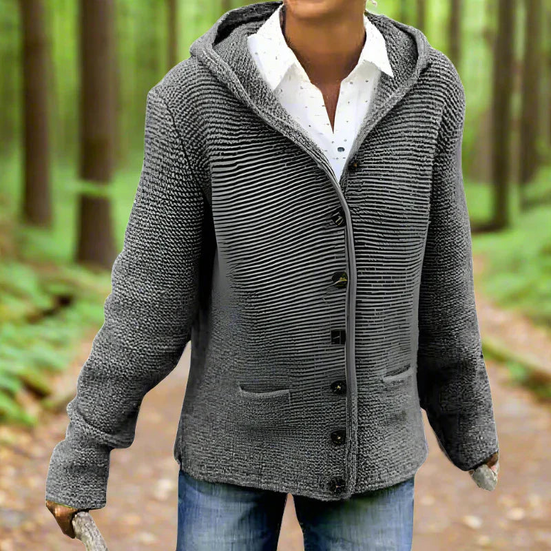 Women’s Hooded Knit Cardigan – Relaxed Fit – Button Front – Patch Pockets – Ribbed Cuffs
