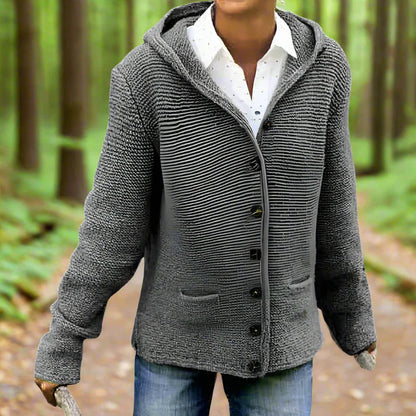 Women’s Hooded Knit Cardigan – Relaxed Fit – Button Front – Patch Pockets – Ribbed Cuffs
