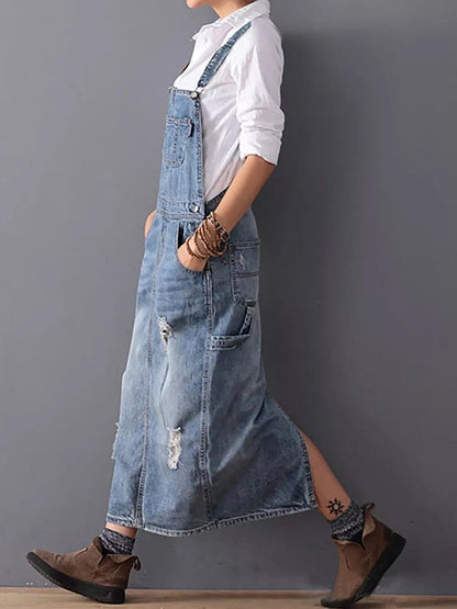 Women’s Denim Dress – Relaxed Fit – Midi Length – Adjustable Straps – Distressed Finish