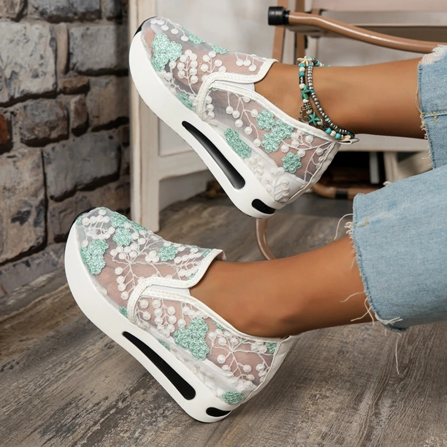 Women's Slip-On Sneakers - Floral Lace Mesh - Platform Sole - Cushioned Air Support
