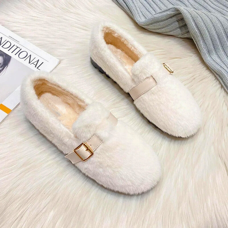 Isla Slip-On Loafer Flats | Furry Buckle Detail Loafer Flats