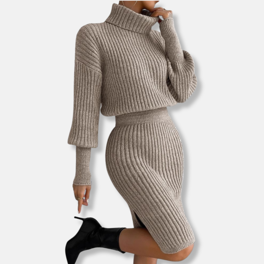 Women’s Knit Turtleneck Midi Dress – Ribbed Wool Blend – Blouson Top – Side Slit