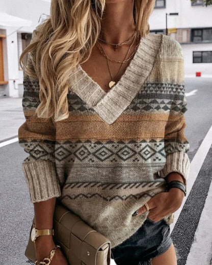 Women's printed v-neck loose knit pullover sweater