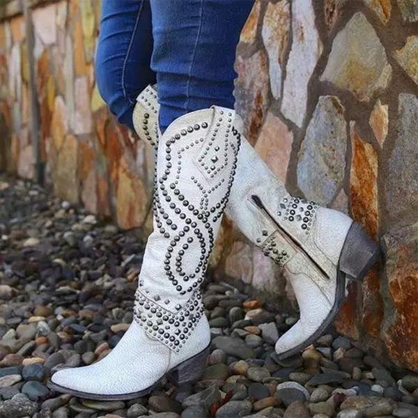 Women's rivet long thick heel boots