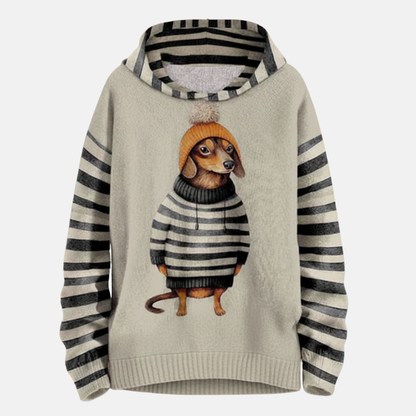 Women’s Hoodie – Relaxed Fit – Fleece Feel – Cartoon Dog Graphic – Striped Sleeves