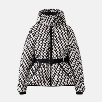 Women’s Puffer Jacket – Quilted Insulated – Belted Waist – Hooded High Collar