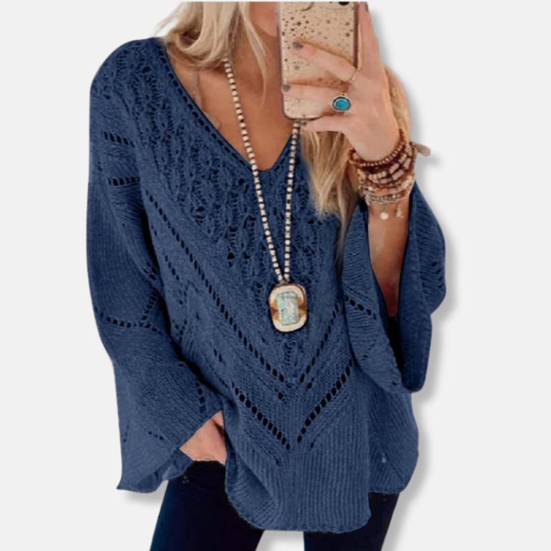 Crochet Knit Relaxed Fit V-Neck Sweater 