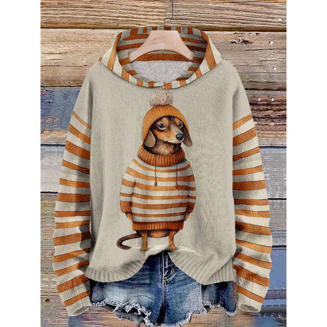 Women’s Hoodie – Relaxed Fit – Fleece Feel – Cartoon Dog Graphic – Striped Sleeves