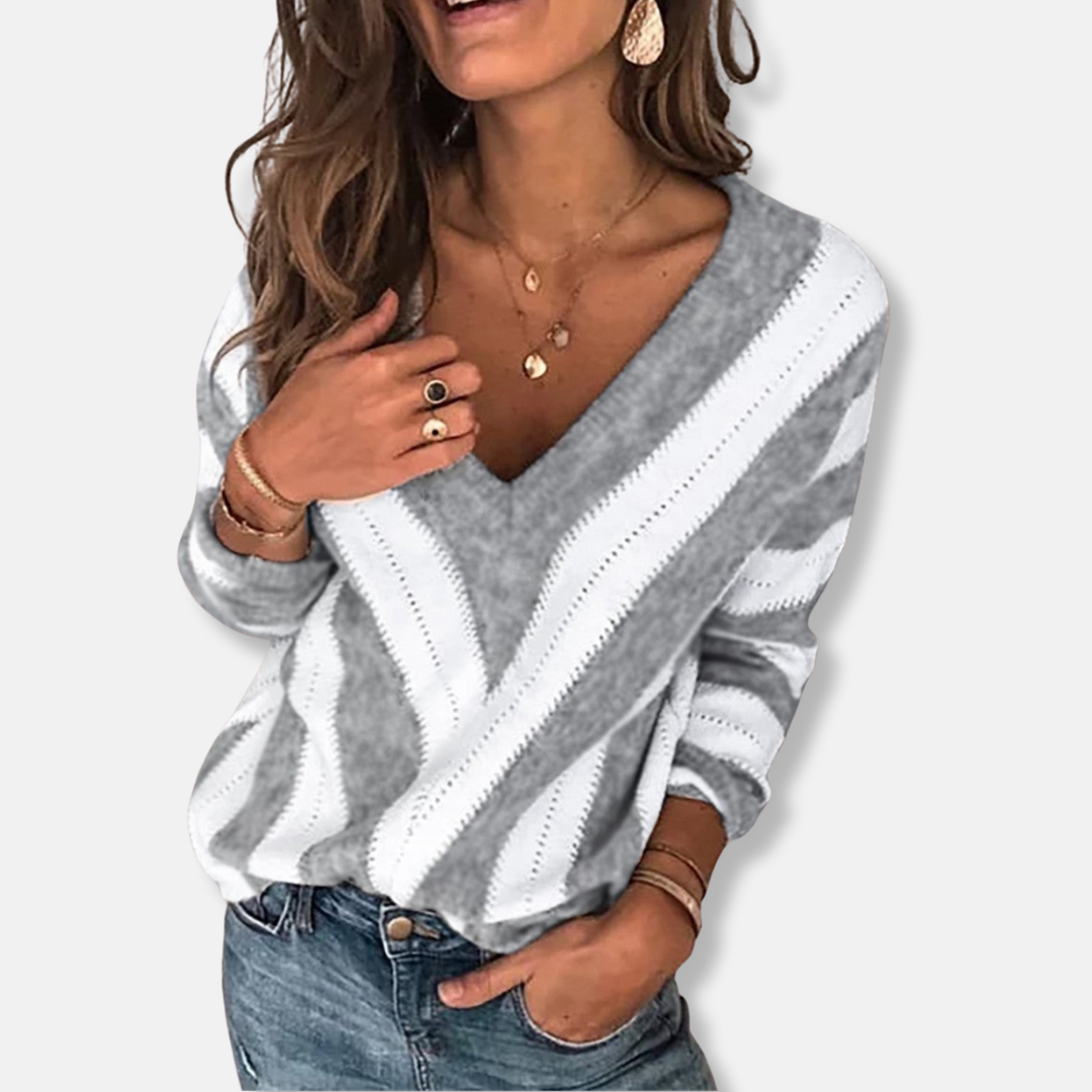 Amelia Relaxed Fit V-Neck Sweater | Striped Long Sleeve Sweater
