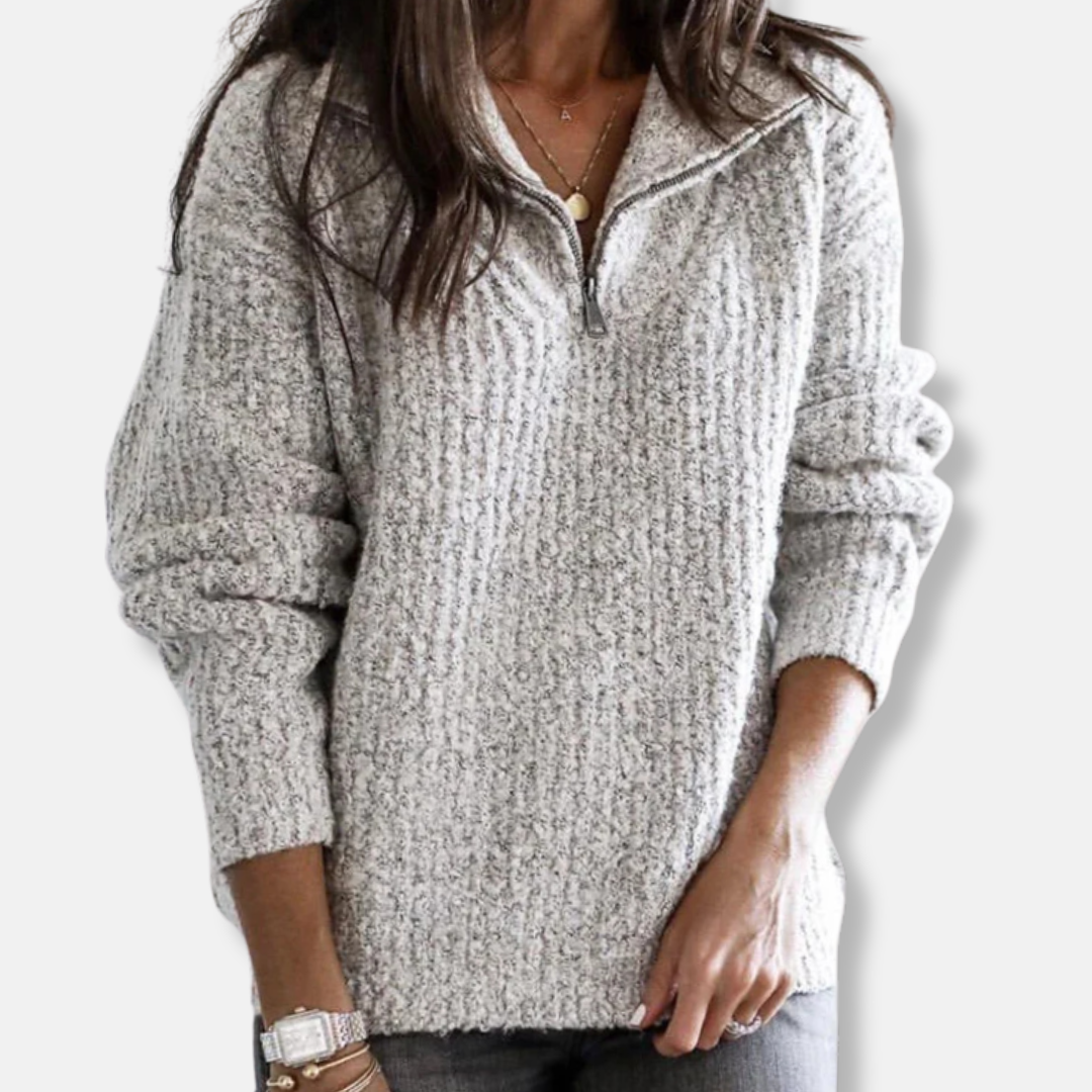 Isla Ribbed Half-Zip Pullover Sweater | Collared Relaxed Fit Sweater